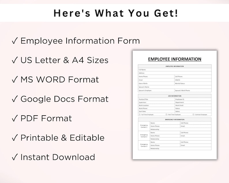 Op de afbeelding: Een zwart-witte printbare werknemersinformatieformulier sjabloon. Het formulier bevat secties voor werknemersinformatie, functie-informatie en noodcontactgegevens. De tekst "EMPLOYEE INFORMATION" staat bovenaan het formulier.