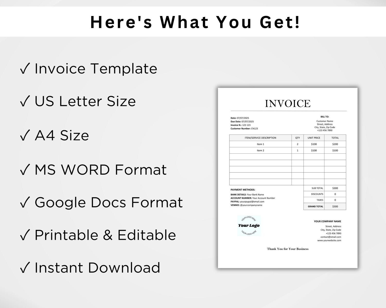 Editable Invoice Template. Printable Microsoft Word Invoice (A4 & US ...
