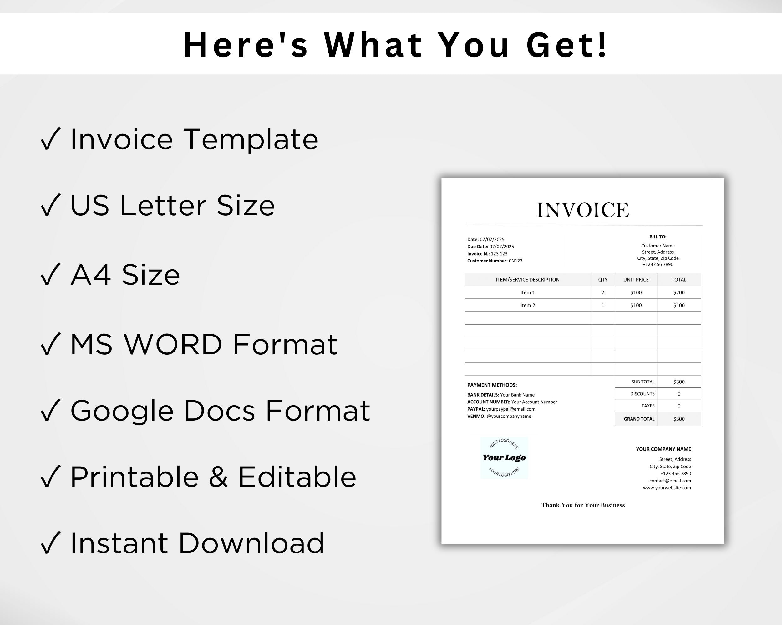 Editable Invoice Template. Printable Microsoft Word Invoice (A4 & US ...