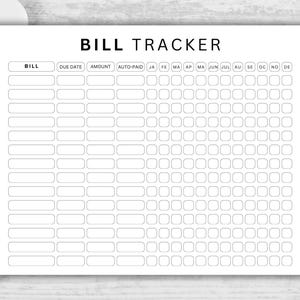 Puede incluir: Un rastreador de facturas imprimible con columnas para el nombre de la factura, la fecha de vencimiento, el monto, el pago autom&aacute;tico y una cuadr&iacute;cula de calendario para cada mes del a&ntilde;o.