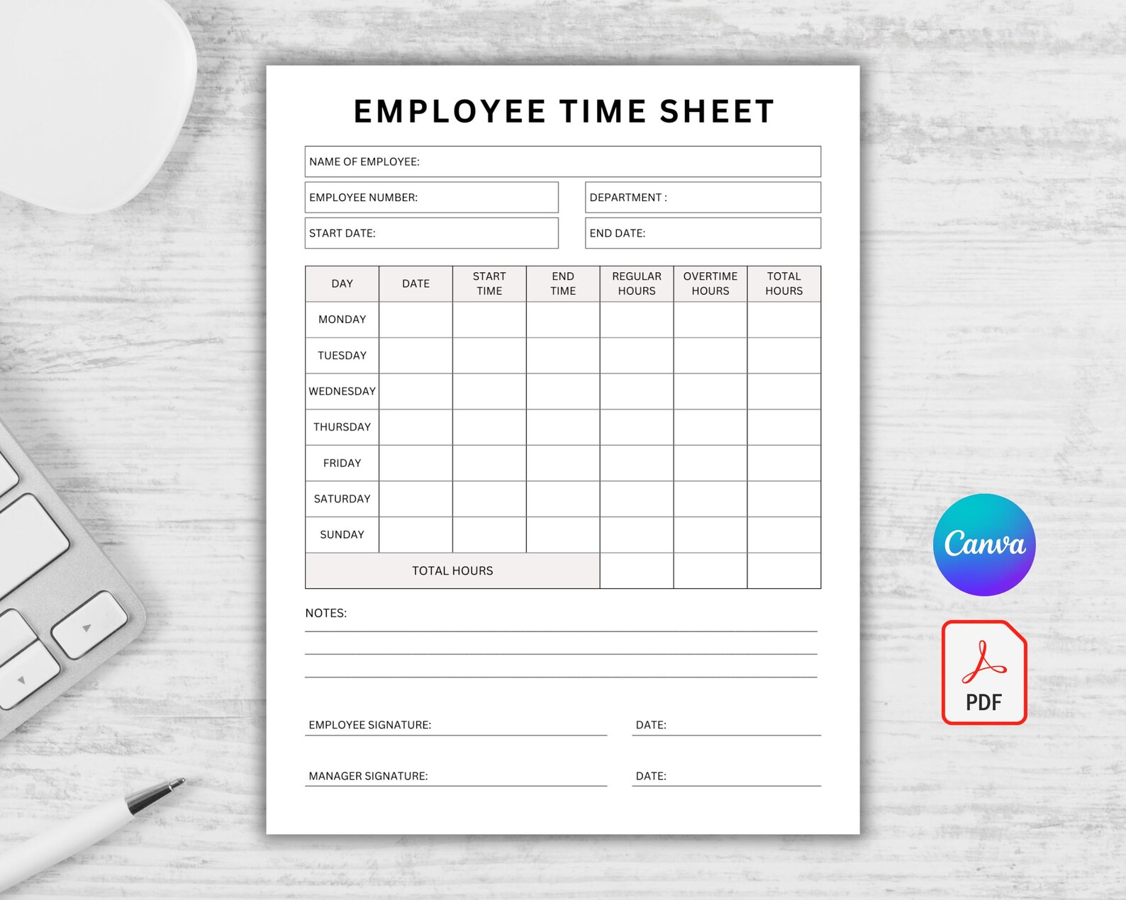 Printable Employee Time Sheet. Hours Worked Log. Weekly Time Tracker ...