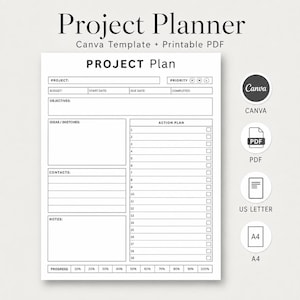 Op de afbeelding: Een zwart-wit projectplanner-sjabloon met secties voor projectdetails, budget, doelstellingen, ideeën, contacten, notities en een genummerd actieplan met selectievakjes. Bevat een voortgangstracker van 10% tot 100% en iconen voor Canva, PDF, US Letter en A4.