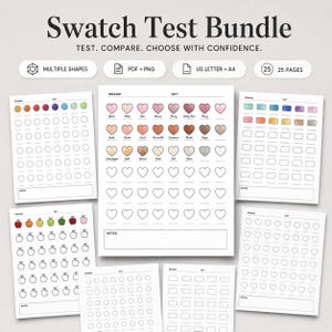 Op de afbeelding: Een kleurstaal-testbundel met 25 pagina's aan printbare sjablonen in PDF- en PNG-formaten voor US Letter en A4. De vellen bevatten rasters van harten, cirkels, appels en rechthoeken om kleuren te testen, met ruimte voor merk- en setnotities.