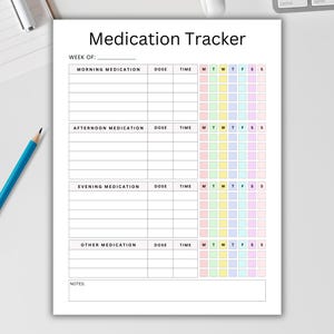 May include: A printable medication tracker with sections for morning, afternoon, evening, and other medications. Each section has columns for dose, time, and days of the week. The tracker is designed to help people keep track of their medication schedule.