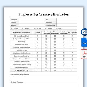 Modelo de Avaliação de Desempenho de Funcionários. Avaliação de Desempenho de Funcionários. Formulário de Recursos Humanos Editável. PDF para impressão, MS Word, Google Docs