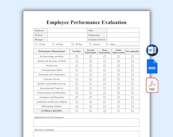 Employee Performance Evaluation Template. Employee Performance Review. Editable Human Resources Form. Printable PDF, MS Word, Google Docs