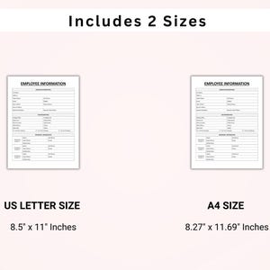 Op de afbeelding: Twee printbare formulieren voor personeelsinformatie, een in US Letter-formaat (8,5 inch bij 11 inch) en een in A4-formaat (8,27 inch bij 11,69 inch).