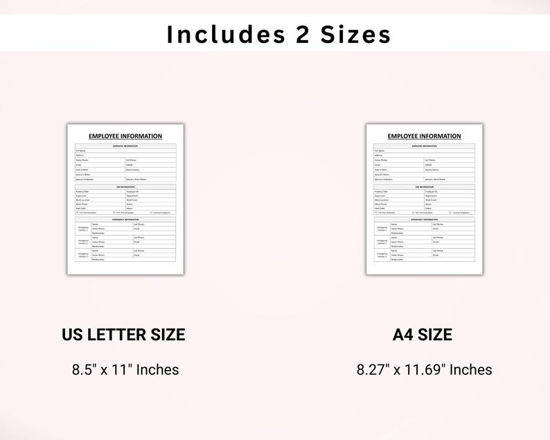 Op de afbeelding: Twee printbare formulieren voor personeelsinformatie, een in US Letter-formaat (8,5 inch bij 11 inch) en een in A4-formaat (8,27 inch bij 11,69 inch).