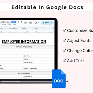 Op de afbeelding: Een screenshot van een Google Docs-document met de titel "Medewerkerinformatie". Het document is een formulier met velden voor persoonlijke informatie, zoals naam, adres, telefoonnummer en e-mail. Het document is bewerkbaar en kan worden aangepast met verschillende lettertypen, kleuren en formaten.