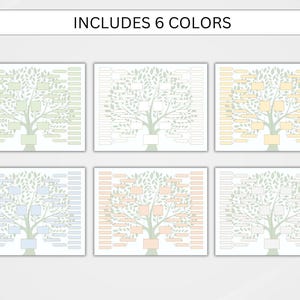 May include: Six different color variations of a printable family tree template. Each template features a tree with branches and leaves, and spaces for names and dates.  Includes 6 colors.