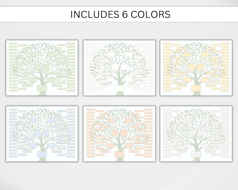 May include: Six different color variations of a printable family tree template. Each template features a tree with branches and leaves, and spaces for names and dates.  Includes 6 colors.