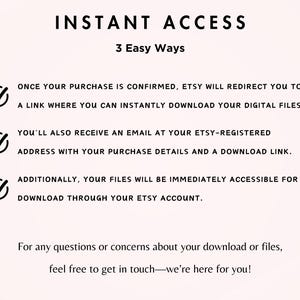 Op de afbeelding: Een witte achtergrond met zwarte tekst die uitlegt hoe je toegang krijgt tot digitale bestanden die je op Etsy hebt gekocht. De tekst bevat drie vinkjes met een beschrijving van elke methode: downloadlink, e-mail met downloadlink en toegang via je Etsy-account.