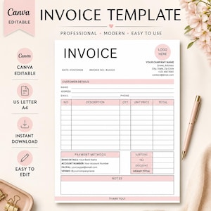 May include: A digital invoice template featuring a clean white and soft pink colour scheme. The document includes sections for customer details, itemised descriptions, payment methods, and a grand total. Text includes INVOICE, LOGO HERE, and various fields for business information. The layout is professional and structured for easy editing.