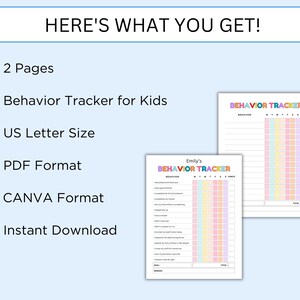 May include: A digital download of a printable behavior tracker for kids. The tracker is designed in a colorful rainbow theme and includes two pages. The text "BEHAVIOR TRACKER" is visible in the image. The tracker is available in PDF and CANVA formats.