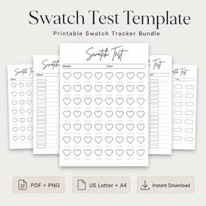 May include: A digital swatch test template bundle featuring multiple printable pages with black outlines on a white background. The sheets include fields for brand and set names, with grids of heart-shaped or rectangular boxes for colour testing.