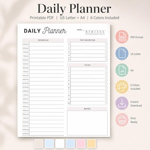May include: A printable daily planner page featuring a schedule from 6:00 am to 11:00 pm, a top priorities section with five numbered lines, a to-do list with ten numbered lines, and a notes section. The header displays the text Daily Planner.