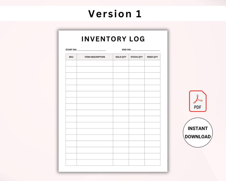 Puede incluir: Una plantilla de registro de inventario imprimible con columnas para SKU, descripci&oacute;n del art&iacute;culo, cantidad vendida, cantidad en stock y cantidad necesaria. La plantilla est&aacute; dise&ntilde;ada para realizar un seguimiento de los niveles de inventario y las ventas.