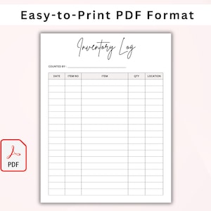 Puede incluir: Una plantilla de registro de inventario imprimible en formato PDF. La plantilla tiene columnas para la fecha, el n&uacute;mero de art&iacute;culo, el nombre del art&iacute;culo, la cantidad y la ubicaci&oacute;n.