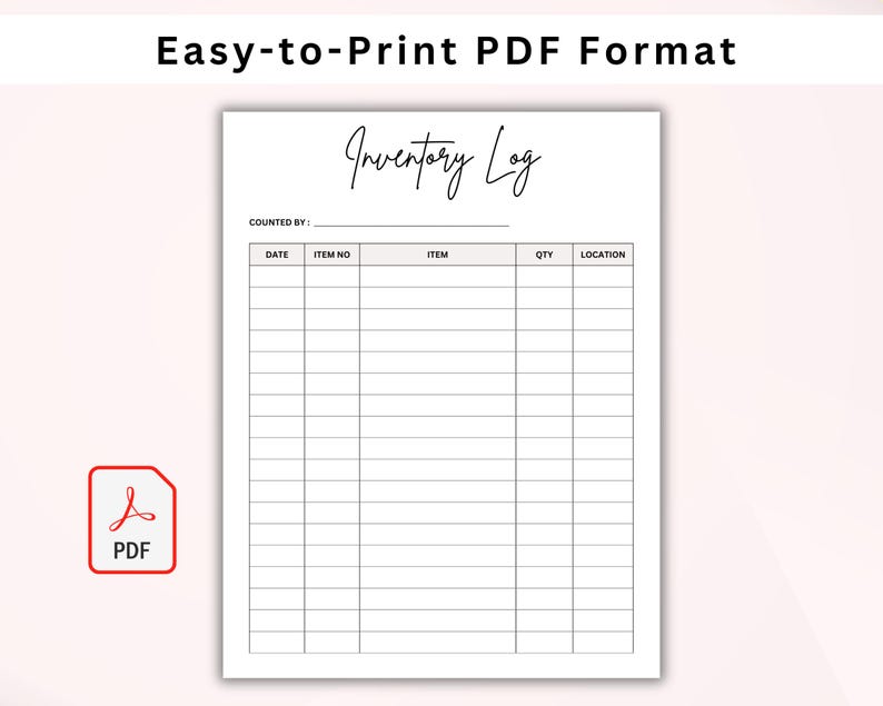 Puede incluir: Una plantilla de registro de inventario imprimible en formato PDF. La plantilla tiene columnas para la fecha, el n&uacute;mero de art&iacute;culo, el nombre del art&iacute;culo, la cantidad y la ubicaci&oacute;n.