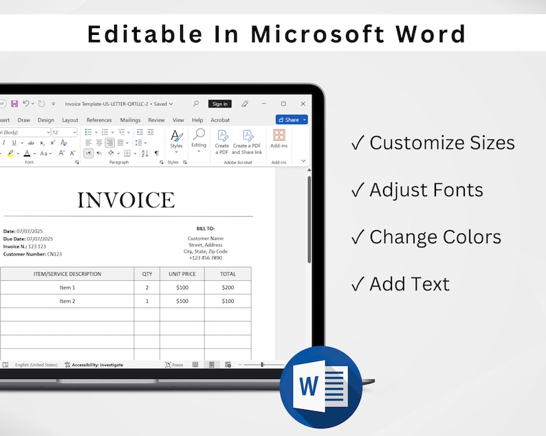 Editable Invoice Template. Printable Microsoft Word Invoice (A4 & US ...