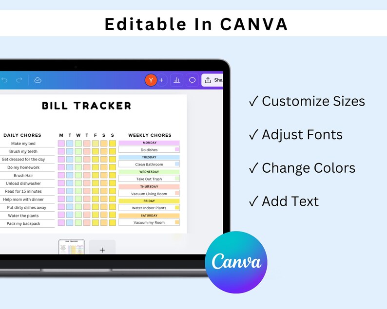 Puede incluir: Una plantilla de planificador digital para realizar un seguimiento de las tareas diarias y semanales. La plantilla est&aacute; dise&ntilde;ada en Canva y presenta una cuadr&iacute;cula colorida con casillas de verificaci&oacute;n para cada tarea. La plantilla es personalizable con diferentes fuentes, colores y tama&ntilde;os.
