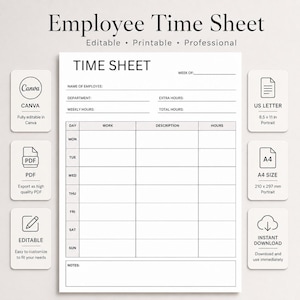 May include: A printable employee time sheet template with black text on a white background. The document includes fields for employee name, department, week, and a table for daily work descriptions and hours, plus a notes section at the bottom.