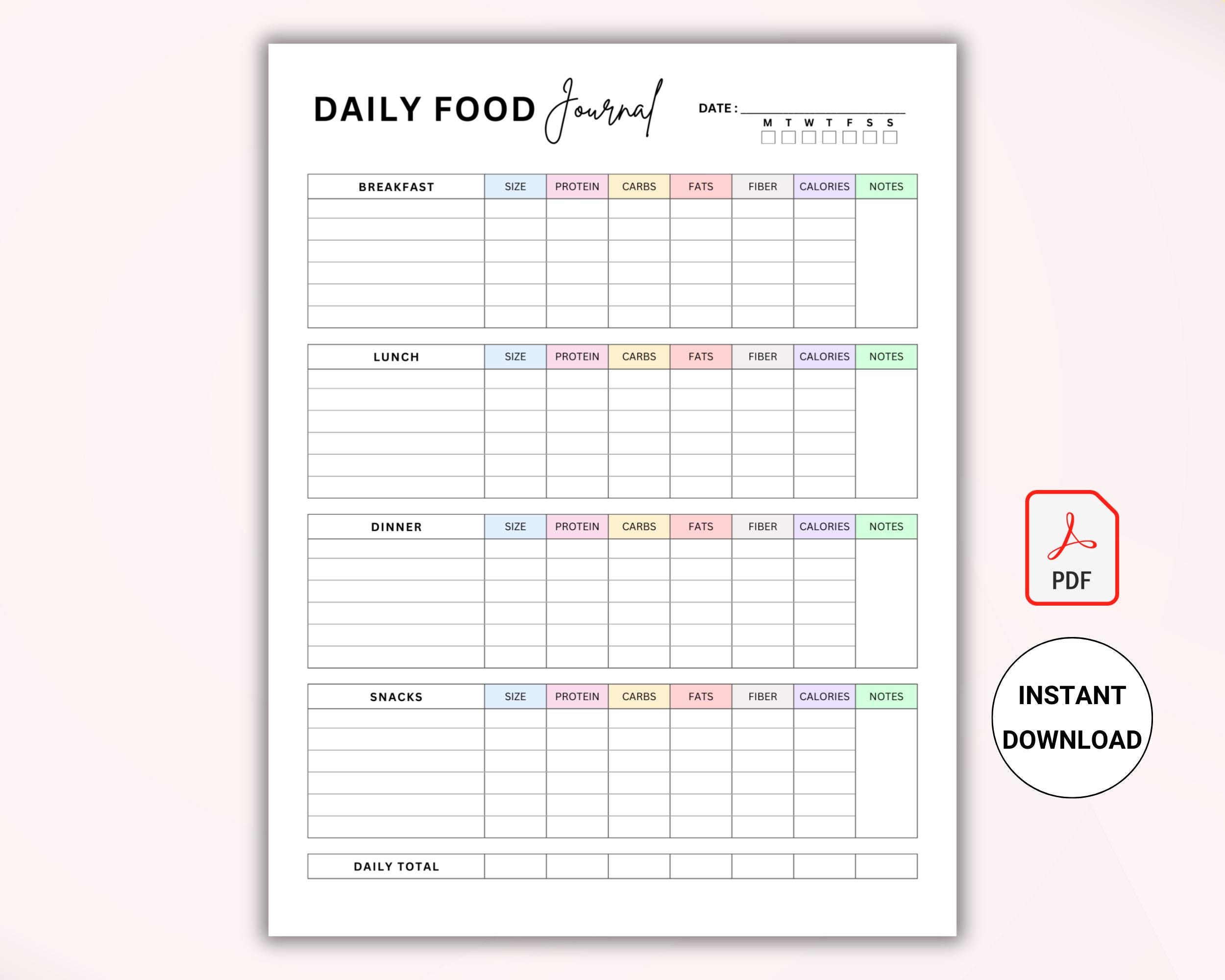 Food Journal Printable | Daily Calorie Tracker | Meal Tracker & Food ...
