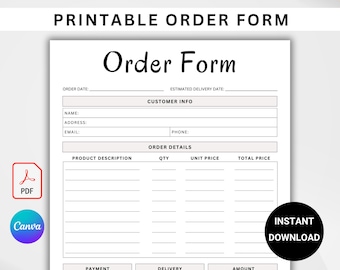 Editable Order Form Template, Crafters Order Form, Small Business Order Sheet, Canva Template, PDF Download