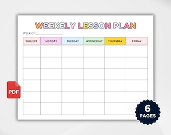 May include: A printable weekly lesson plan template with a colorful title and headings for each day of the week. The template is divided into a grid with spaces for subject and lesson plans.