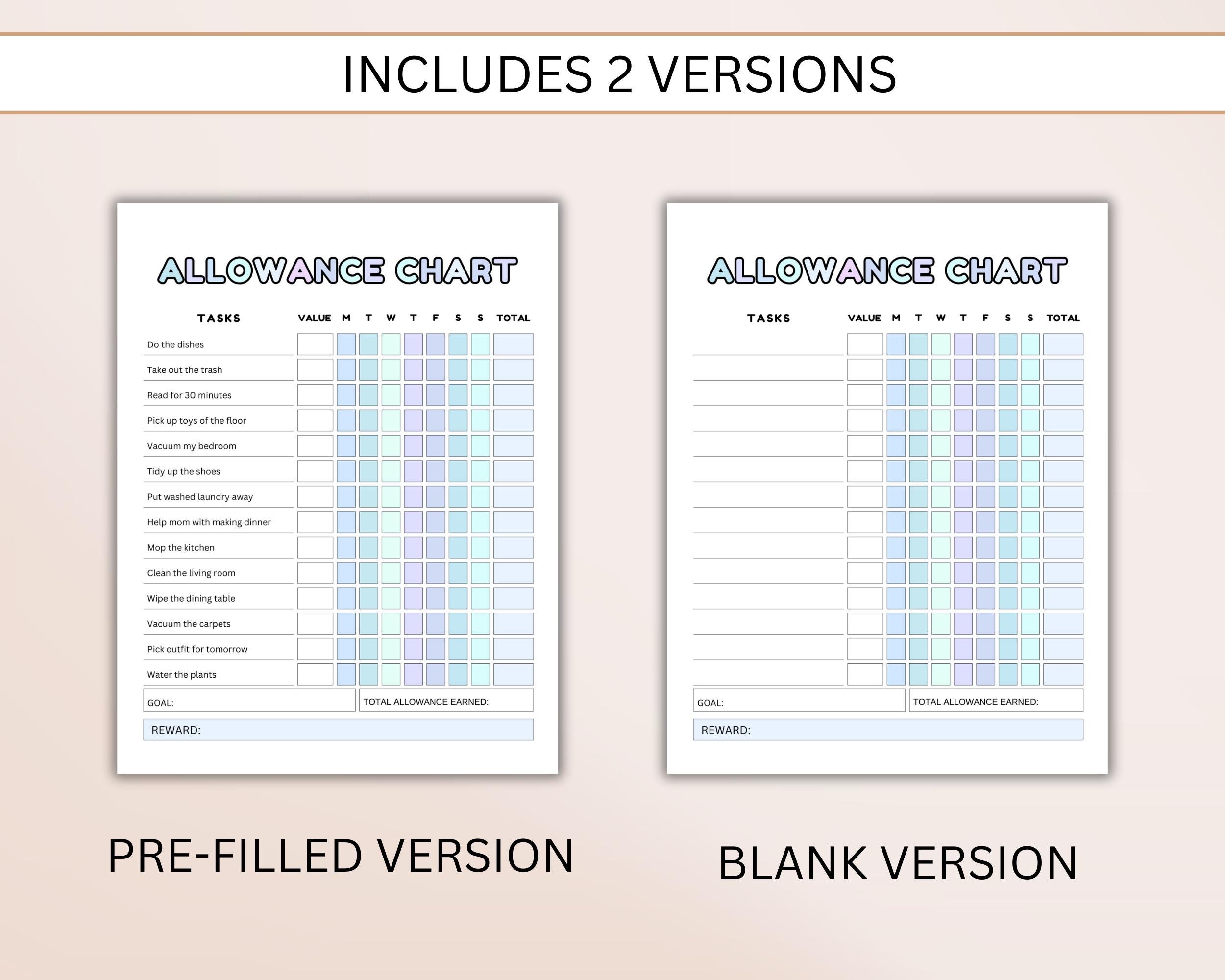Allowance Chore Chart Printable | Kids Chore & Money Log | Budget Sheet ...