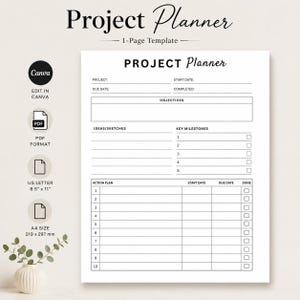 Op de afbeelding: Een wit projectplanner-sjabloon van één pagina met zwarte tekst en lijnen. Het document bevat velden voor projectnaam, datums, doelstellingen, ideeën, mijlpalen en een actieplan-tabel met 10 rijen en selectievakjes voor A4-formaat 210 x 297 mm.