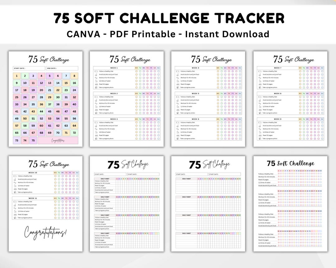 75 Soft Challenge Tracker Printable, Wellness Fitness Goal Journal, 75 ...