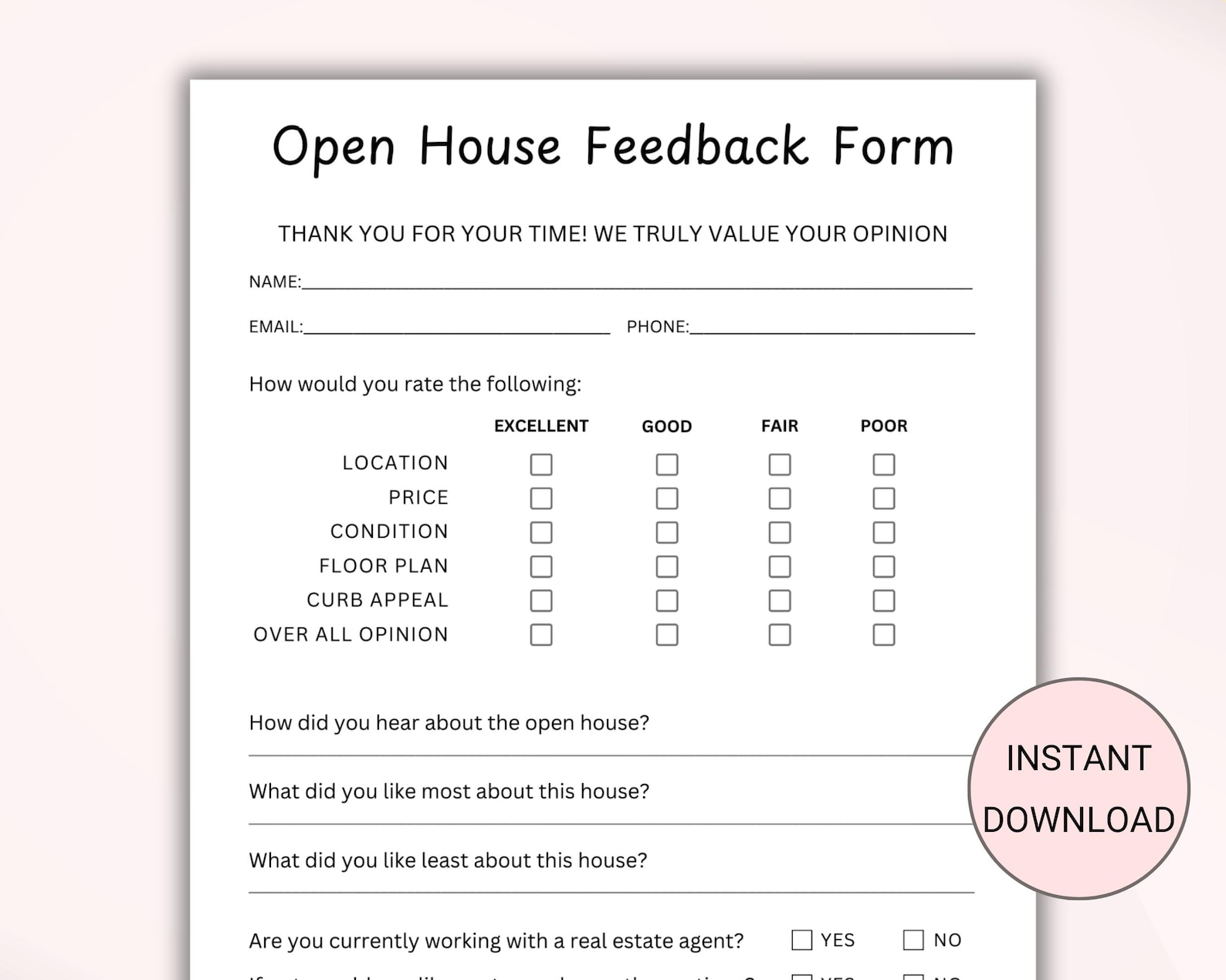 Printable Open House Feedback Form. Real Estate Agent Open House Feedback. Open Feedback ...