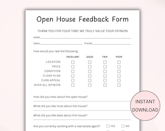 Printable Open House Feedback Form. Real Estate Agent Open House Feedback. Open Feedback Questionnaire. Realtor Tour Feedback Form. Canva