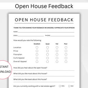 EDITABLE Open House Feedback Form. Printable Real Estate Agent Open House Feedback Form. Realtor Tour Feedback Form. Canva Template. PDF