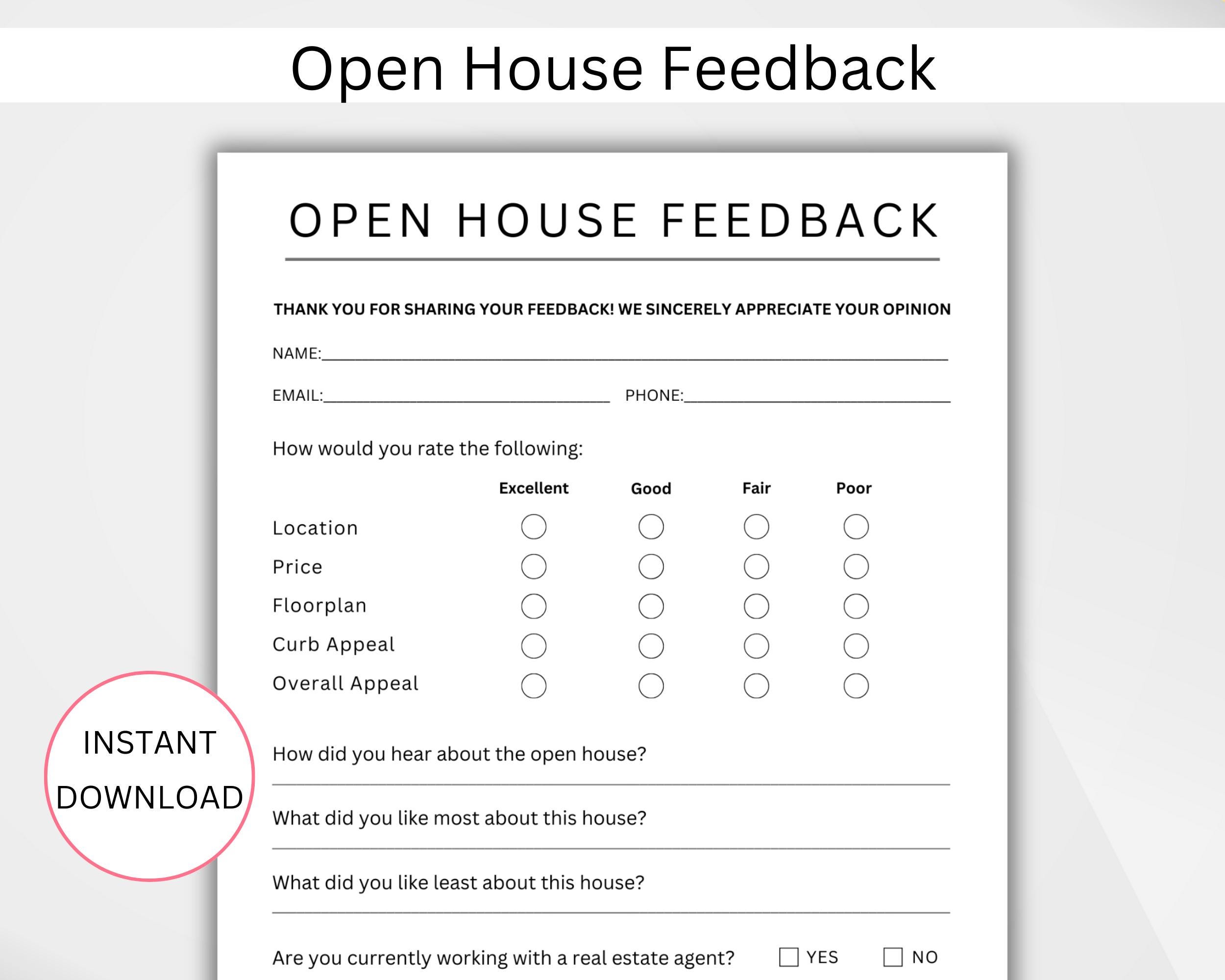 EDITABLE Open House Feedback Form. Printable Real Estate Agent Open House Feedback Form. Realtor ...
