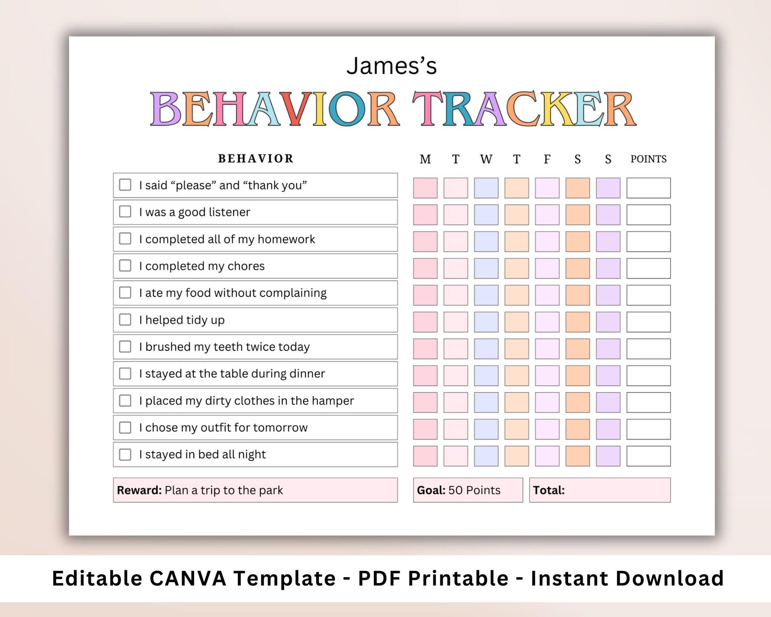 EDITABLE Behavior Chart for Kids. Daily Good Behavior Tracking ...
