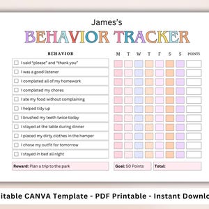 Könnte beinhalten: Ein druckbarer Verhaltenstracker mit dem Titel "James's Behavior Tracker" in bunten Buchstaben. Der Tracker enthält Kontrollkästchen für tägliche Aufgaben und ein Punktesystem. Der untere Teil der Seite lautet "Bearbeitbare CANVA-Vorlage - PDF-Druckbar - Sofort-Download."