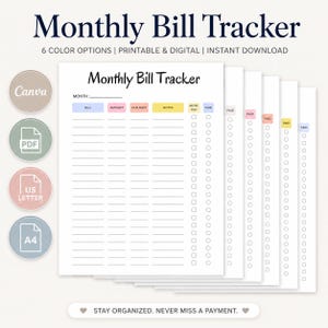May include: A Monthly Bill Tracker template featuring columns for bill, amount, due date, notes, auto-pay, and paid checkboxes. The document includes text headers, lines for entries, and circular icons for Canva, PDF, US Letter, and A4 formats.