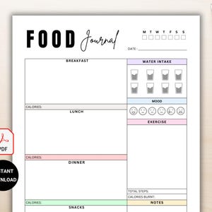 Op de afbeelding: Een printbaar voedingsdagboek met secties voor ontbijt, lunch, diner, snacks, waterinname, stemming, lichaamsbeweging en notities. Het dagboek bevat ook een sectie voor het bijhouden van het totale aantal stappen en de verbrande calorieën.