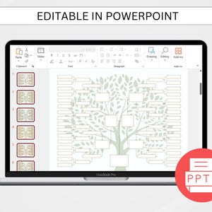 May include: A PowerPoint template for creating a family tree. The template features a tree with branches and leaves, and spaces for names and dates. The template is editable and can be customized to fit your needs.