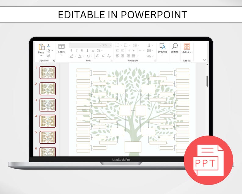 May include: A PowerPoint template for creating a family tree. The template features a tree with branches and leaves, and spaces for names and dates. The template is editable and can be customized to fit your needs.