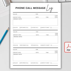Phone Call Log Printable PDF, Telephone Message Log for Office ...