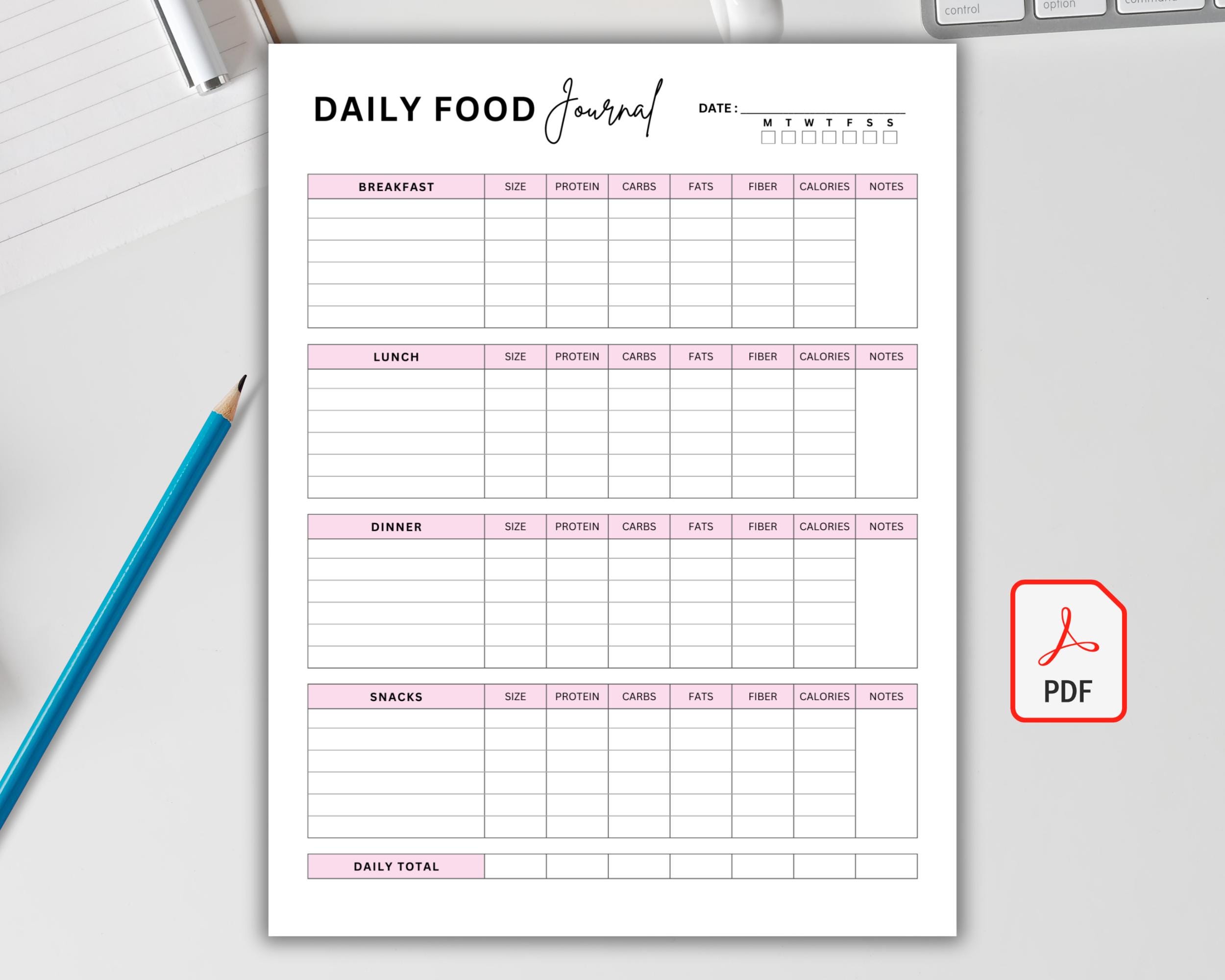 Food Journal Printable | Daily Calorie Tracker | Meal Tracker & Food ...