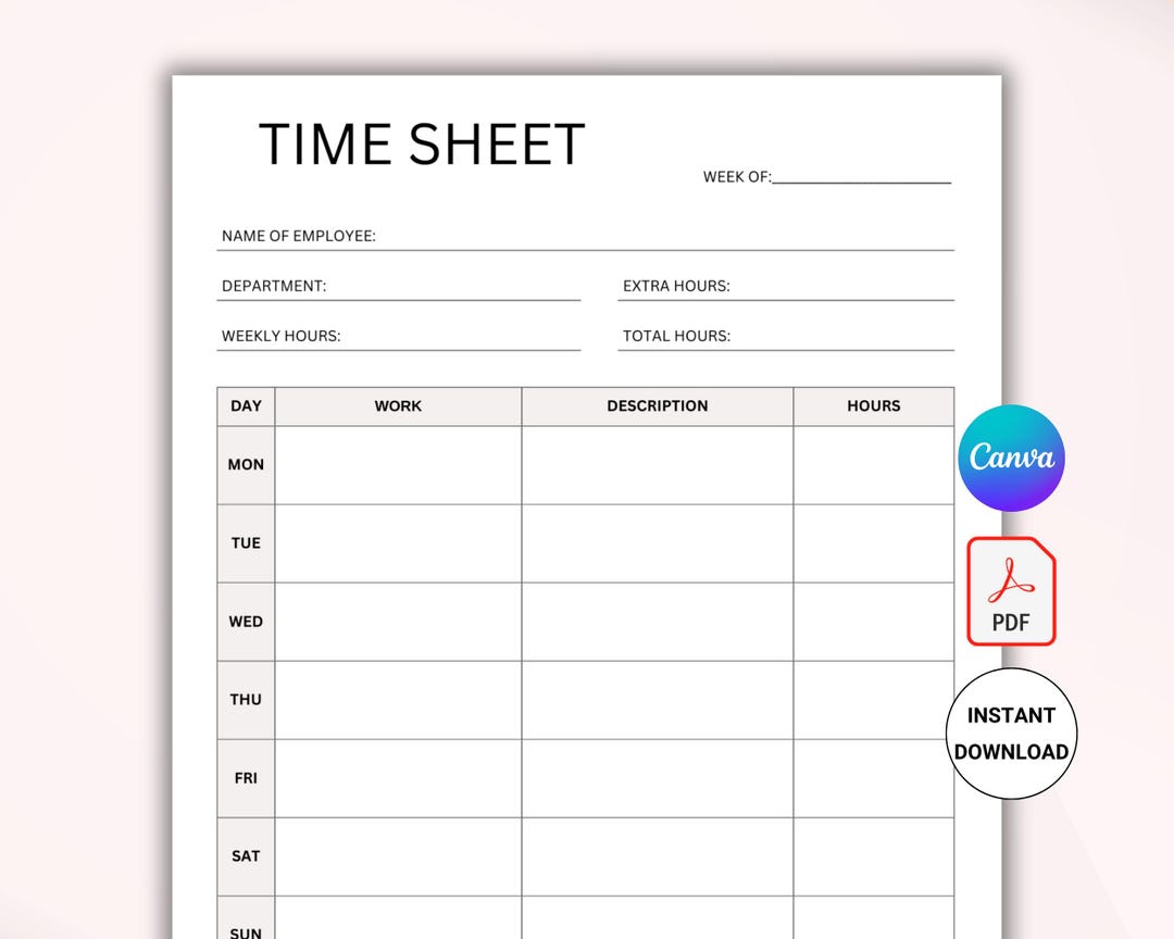 Printable Employee Time Sheet. Hours Worked Log. Weekly Timesheet ...