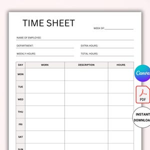 Weekly Employee Time Sheet Log Printable Word For Small Business | Hours Worked Log | Weekly Timesheet | Time Work Log Staff Management PDF