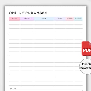 May include: Printable online purchase tracker with columns for date, store, item, price, shipped, received, and notes. The tracker has a light blue, pink, and red color scheme.