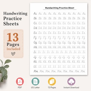 Può includere: Un foglio digitale per la pratica della calligrafia con l'alfabeto in corsivo dalla A alla M. Il documento include il testo Handwriting Practice Sheets, 13 Pages Included, PDF, US Letter e Instant Download con un'icona a forma di cuore.
