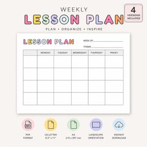 Może przedstawiać: Szablon tygodniowego planu lekcji z tekstem WEEKLY LESSON PLAN, PLAN, ORGANIZE, INSPIRE oraz 4 VERSIONS INCLUDED. Siatka zawiera kolumny od poniedziałku do piątku oraz linie na tydzień i temat. Ikony wskazują PDF, US Letter, A4 210x297 mm, orientację poziomą i pobieranie.