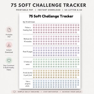 May include: A 75 Soft Challenge Tracker printable PDF document featuring rows of numbered circles for daily habit monitoring. Categories include healthy diet, 45-minute workouts, reading, water intake, avoiding alcohol and junk food, and progress photos.